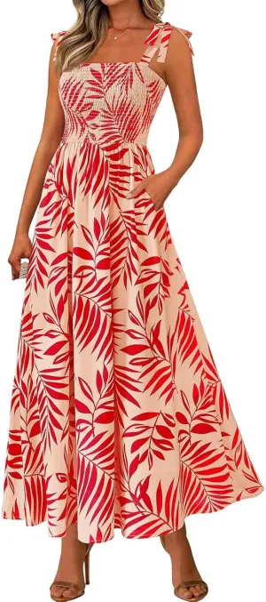 Floral Maxi Dress Summer Boho Beach Vacation Tie Strap Smocked Empire Waist Long Fit and Flare Dress with Pockets
