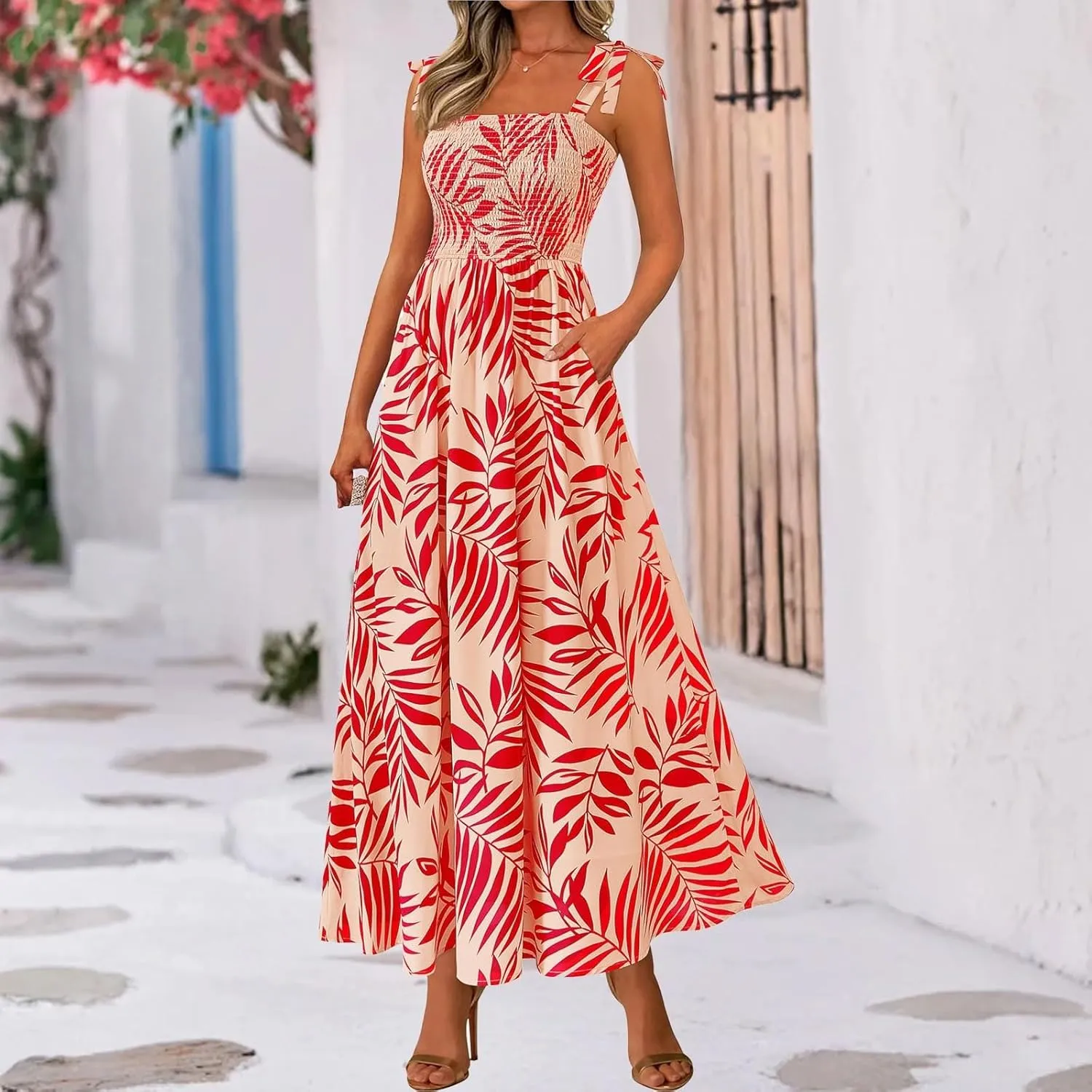 Floral Maxi Dress Summer Boho Beach Vacation Tie Strap Smocked Empire Waist Long Fit and Flare Dress with Pockets