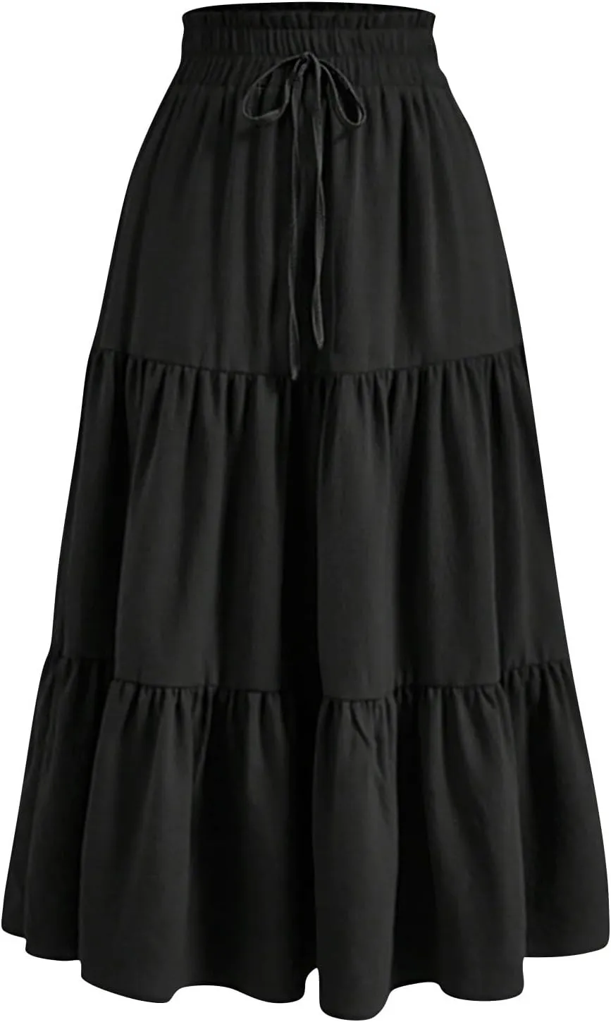 Floral Maxi Skirts for Women High Waisted Ankle Length Flared Skirt Drawstring Casual Boho Flowy A-Line Skirts