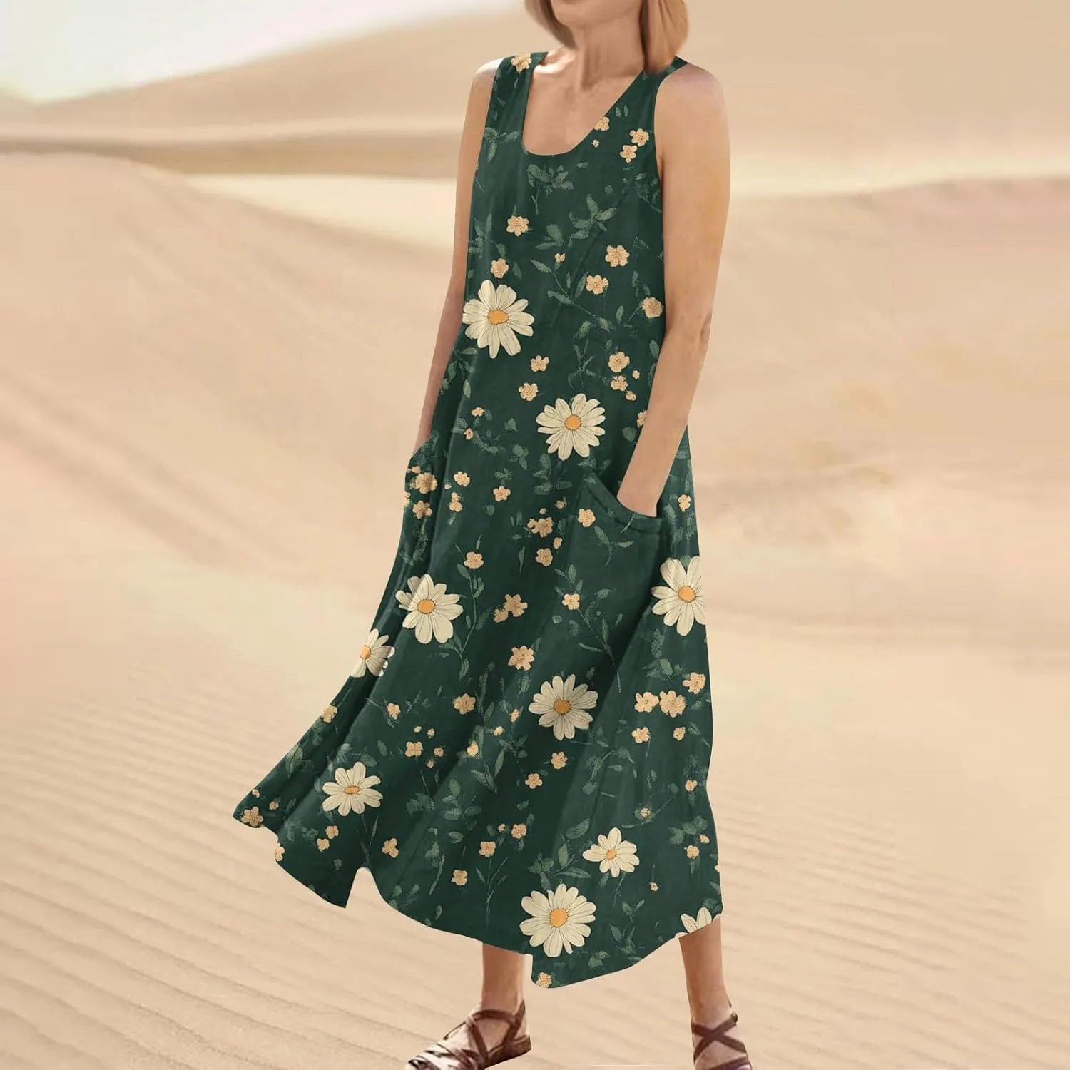 Floral Printed Beach Casual Sleeveless V Neck Vest Midi Summer Women's Sundress with Pockets