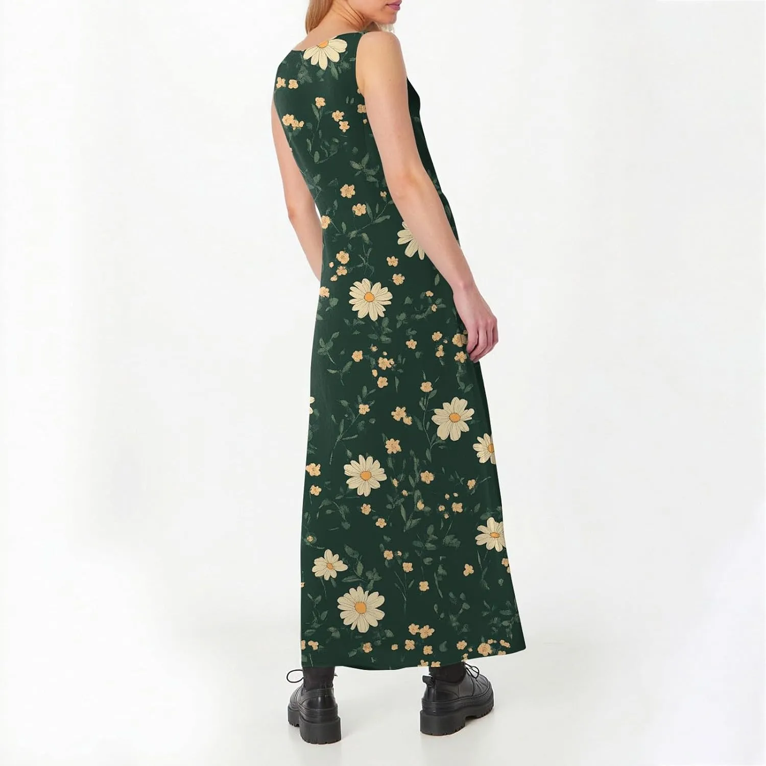 Floral Printed Beach Casual Sleeveless V Neck Vest Midi Summer Women's Sundress with Pockets