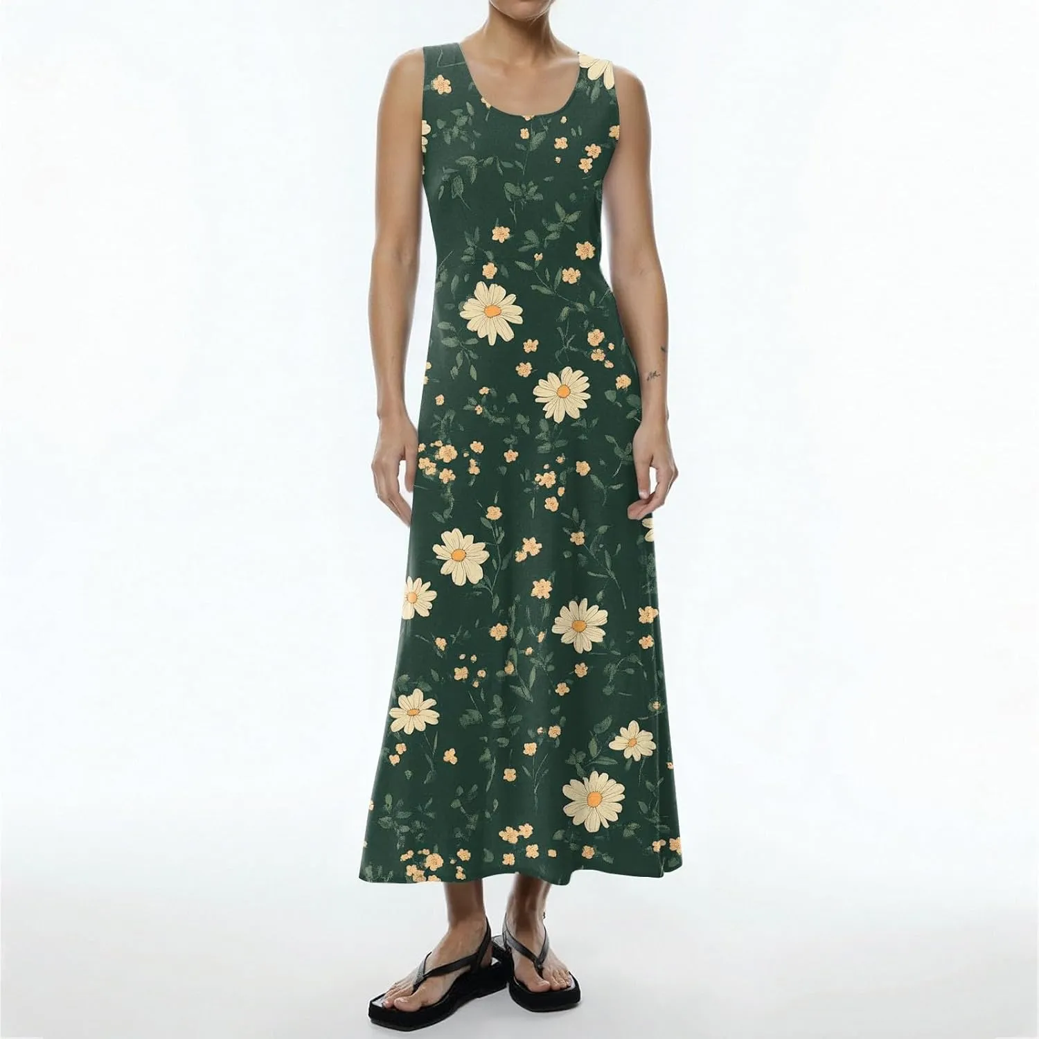Floral Printed Beach Casual Sleeveless V Neck Vest Midi Summer Women's Sundress with Pockets