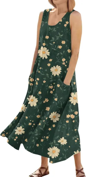 Floral Printed Beach Casual Sleeveless V Neck Vest Midi Summer Women's Sundress with Pockets