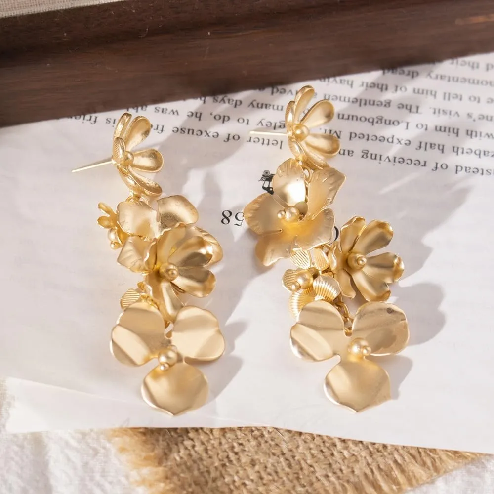Floral Statement Earrings for Women Gold Silver Bohemian Drop Dangle Earrings with Long Metal Tassels Boho Large Layered Petal Flower Earring Jewelry