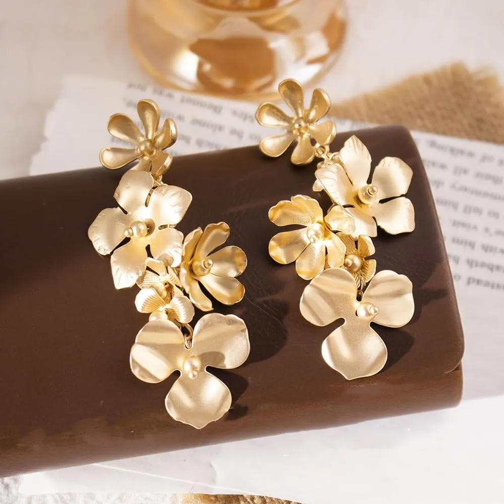 Floral Statement Earrings for Women Gold Silver Bohemian Drop Dangle Earrings with Long Metal Tassels Boho Large Layered Petal Flower Earring Jewelry