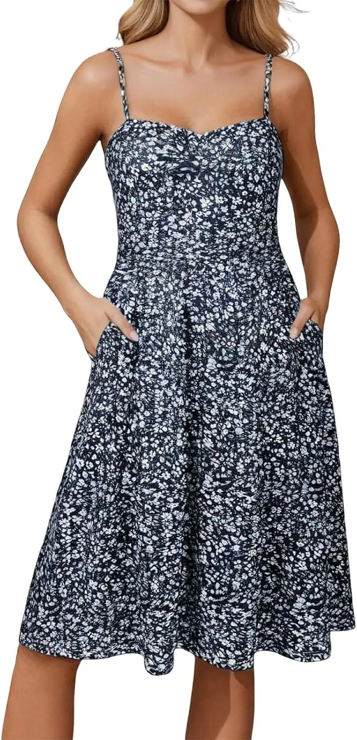 Floral Summer Dress for Women Vintage Casual Spaghetti Strap Knee Length Dress Beach Vacation Flowy Boho Sundress
