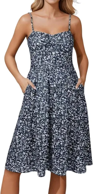 Floral Summer Dress for Women Vintage Casual Spaghetti Strap Knee Length Dress Beach Vacation Flowy Boho Sundress