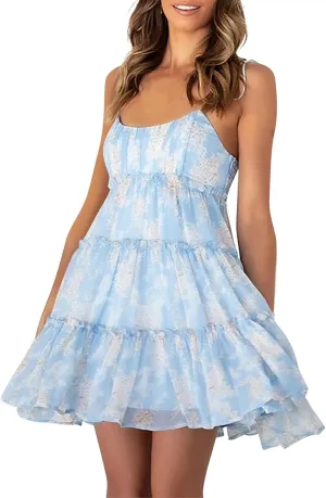 Floral Sundress for Women Cute Spaghetti Strap A Line Chiffon Mini Dress Boho Summer Casual Tiered Sundresses