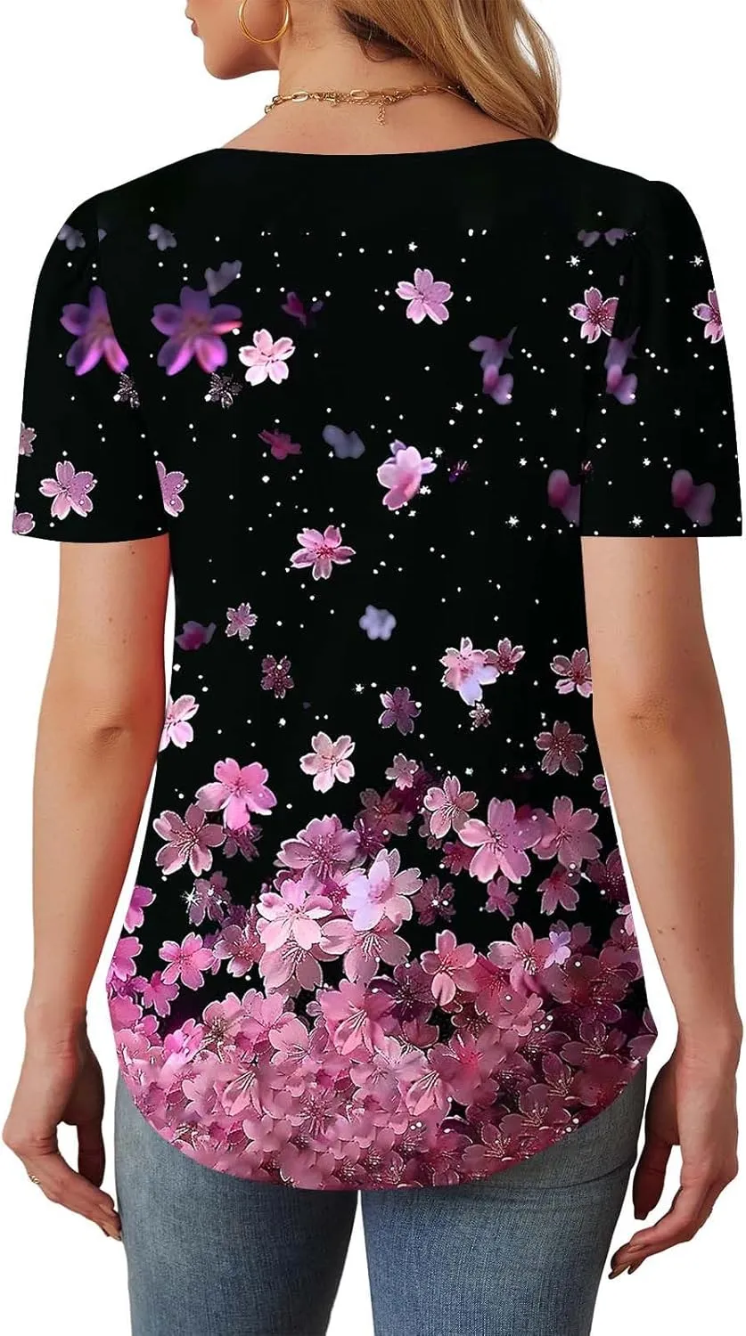 Floral Tops for Women Short Sleeve Crew Neck Casual Tops Trendy Boho Blouses Tshirt Loose Fit Tunic Hawaiian Shirts