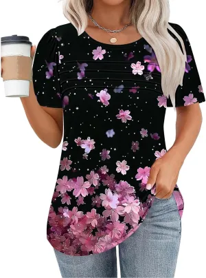 Floral Tops for Women Short Sleeve Crew Neck Casual Tops Trendy Boho Blouses Tshirt Loose Fit Tunic Hawaiian Shirts