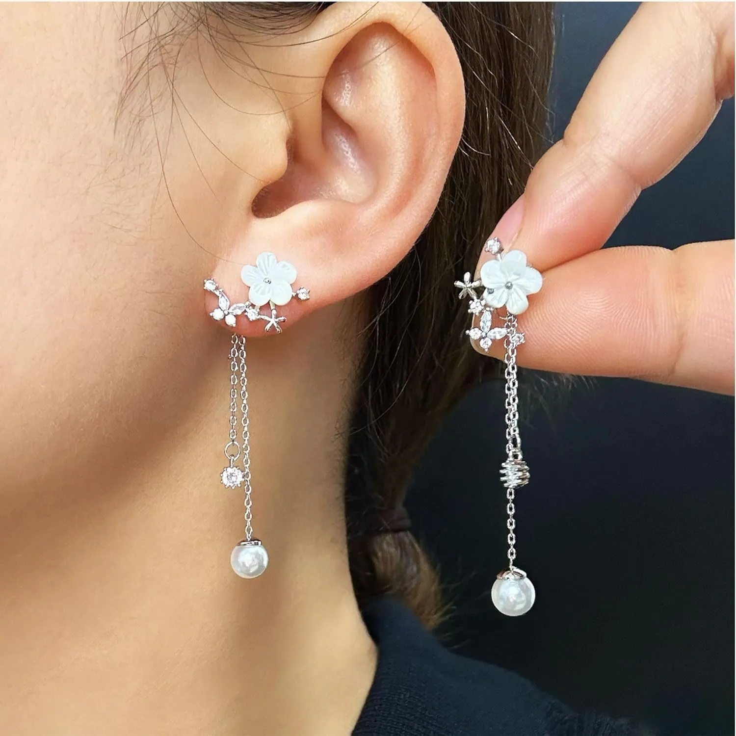 Flower Earrings for Women Flower Pearl Dangle Drop Earrings Trendy Long Threader Chain Dainty Floral Tassel Earring