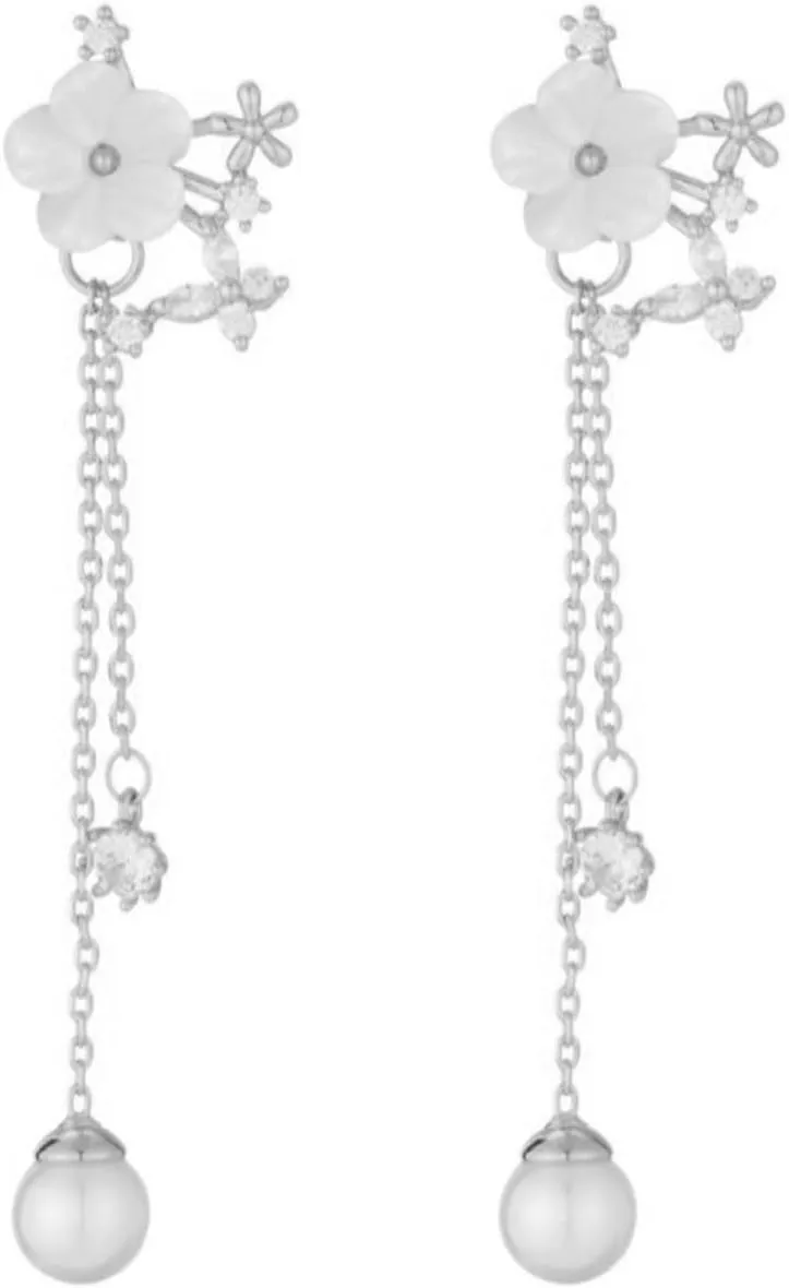 Flower Earrings for Women Flower Pearl Dangle Drop Earrings Trendy Long Threader Chain Dainty Floral Tassel Earring