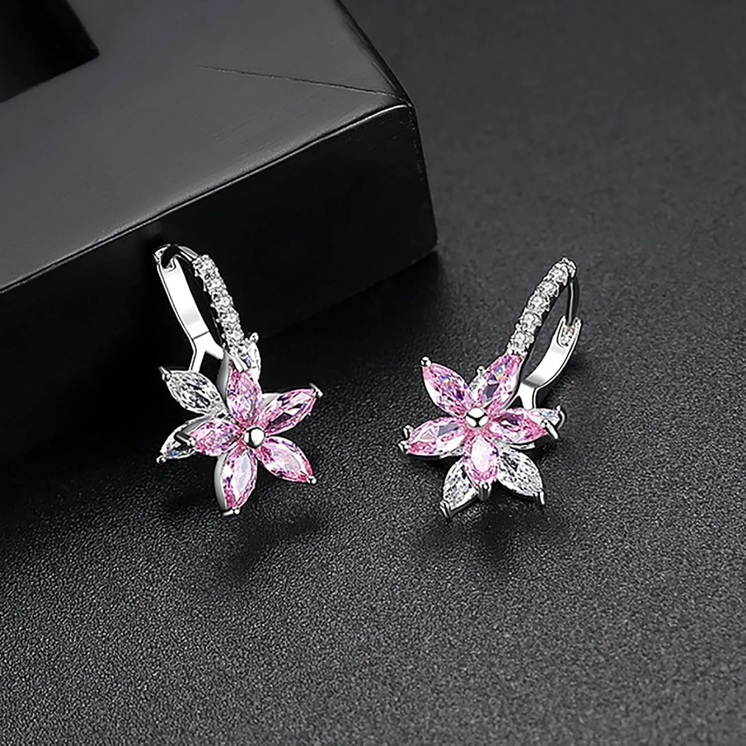 Flower Earrings for Women Trendy 18K White Gold Plated Cubic Zirconia Hypoallergenic Drop Earrings Floral Jewelry for Women