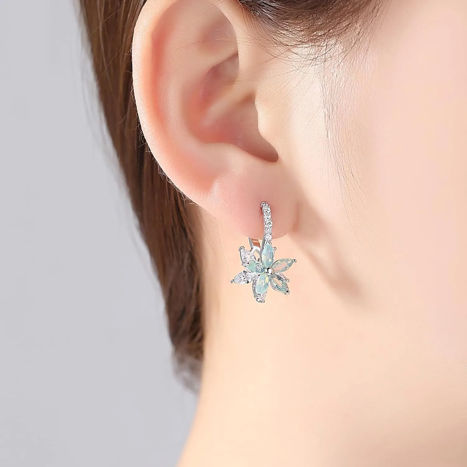 Flower Earrings for Women Trendy 18K White Gold Plated Cubic Zirconia Hypoallergenic Drop Earrings Floral Jewelry for Women