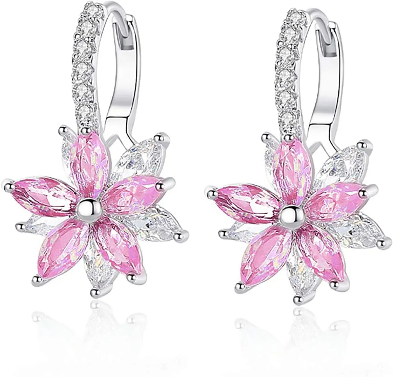 Flower Earrings for Women Trendy 18K White Gold Plated Cubic Zirconia Hypoallergenic Drop Earrings Floral Jewelry for Women