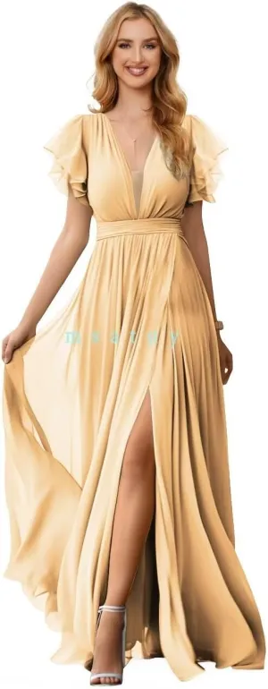 Flowy Chiffon Formal Bridesmaid Dresses V Neck Split Ruffle Sleeve Long Dress Evening Gowns for Wedding 2024