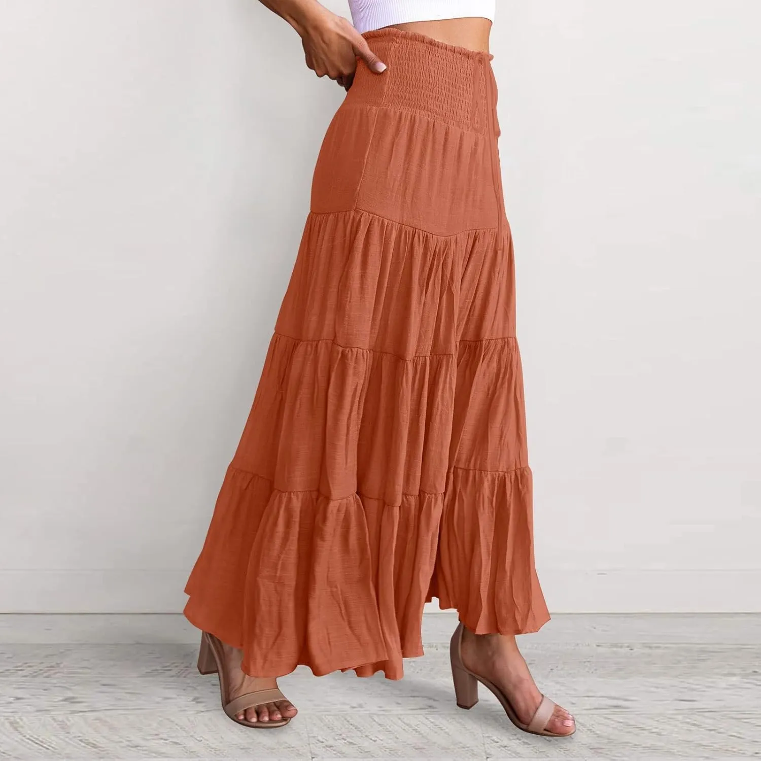 Flowy Maxi Skirt for Women Elastic High Waist Boho Pleated Long Skirts Summer Beach Tiered A-Line Skirts 2025 Trendy