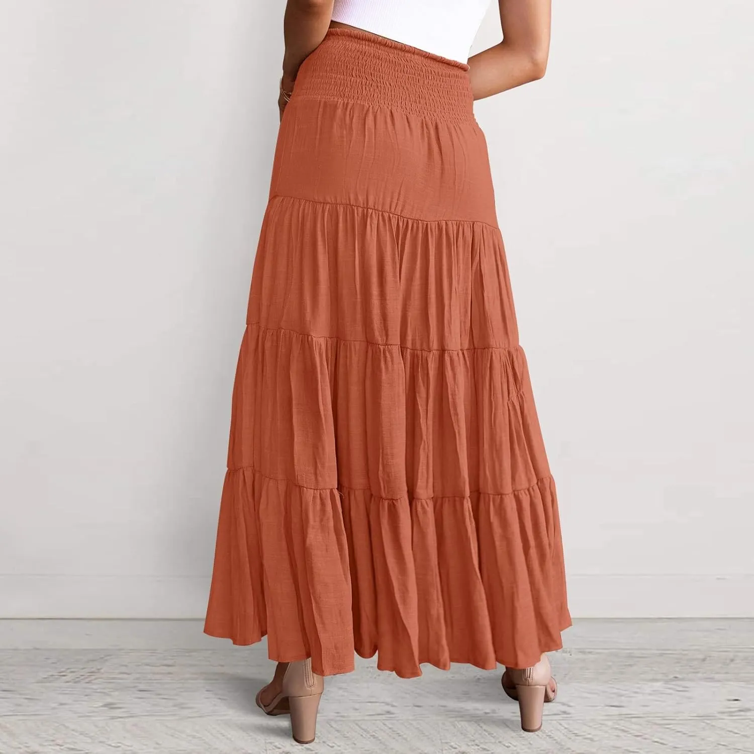 Flowy Maxi Skirt for Women Elastic High Waist Boho Pleated Long Skirts Summer Beach Tiered A-Line Skirts 2025 Trendy