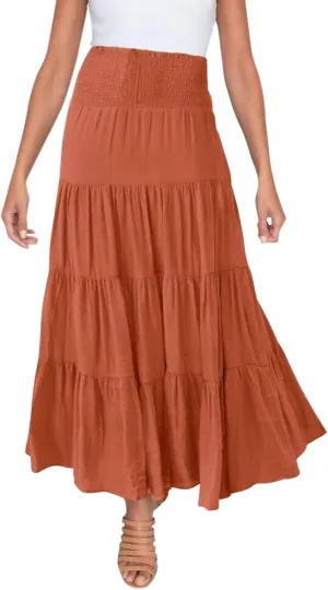Flowy Maxi Skirt for Women Elastic High Waist Boho Pleated Long Skirts Summer Beach Tiered A-Line Skirts 2025 Trendy