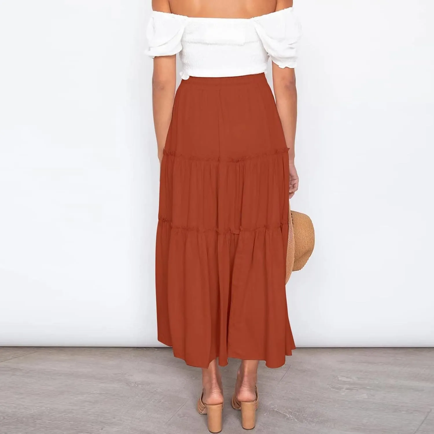 Flowy Maxi Skirt for Women Elastic High Waist Boho Pleated Long Skirts Summer Beach Tiered A-Line Skirts 2025 Trendy