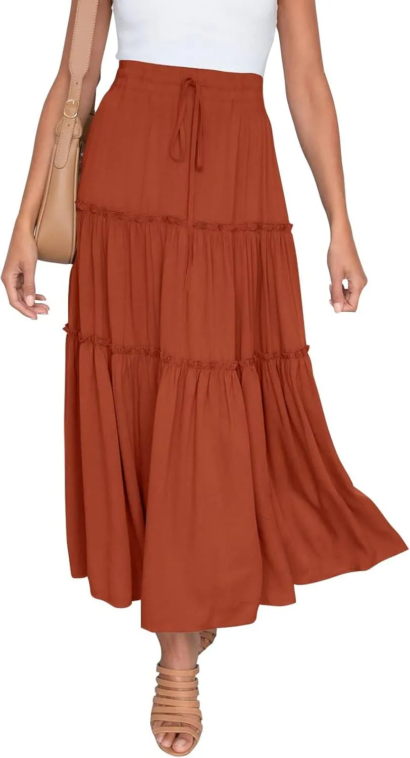 Flowy Maxi Skirt for Women Elastic High Waist Boho Pleated Long Skirts Summer Beach Tiered A-Line Skirts 2025 Trendy