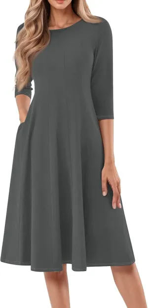 Formal Dresses for Women Casual Swing Midi Pleated A Line 3/4 Sleeve Summer
