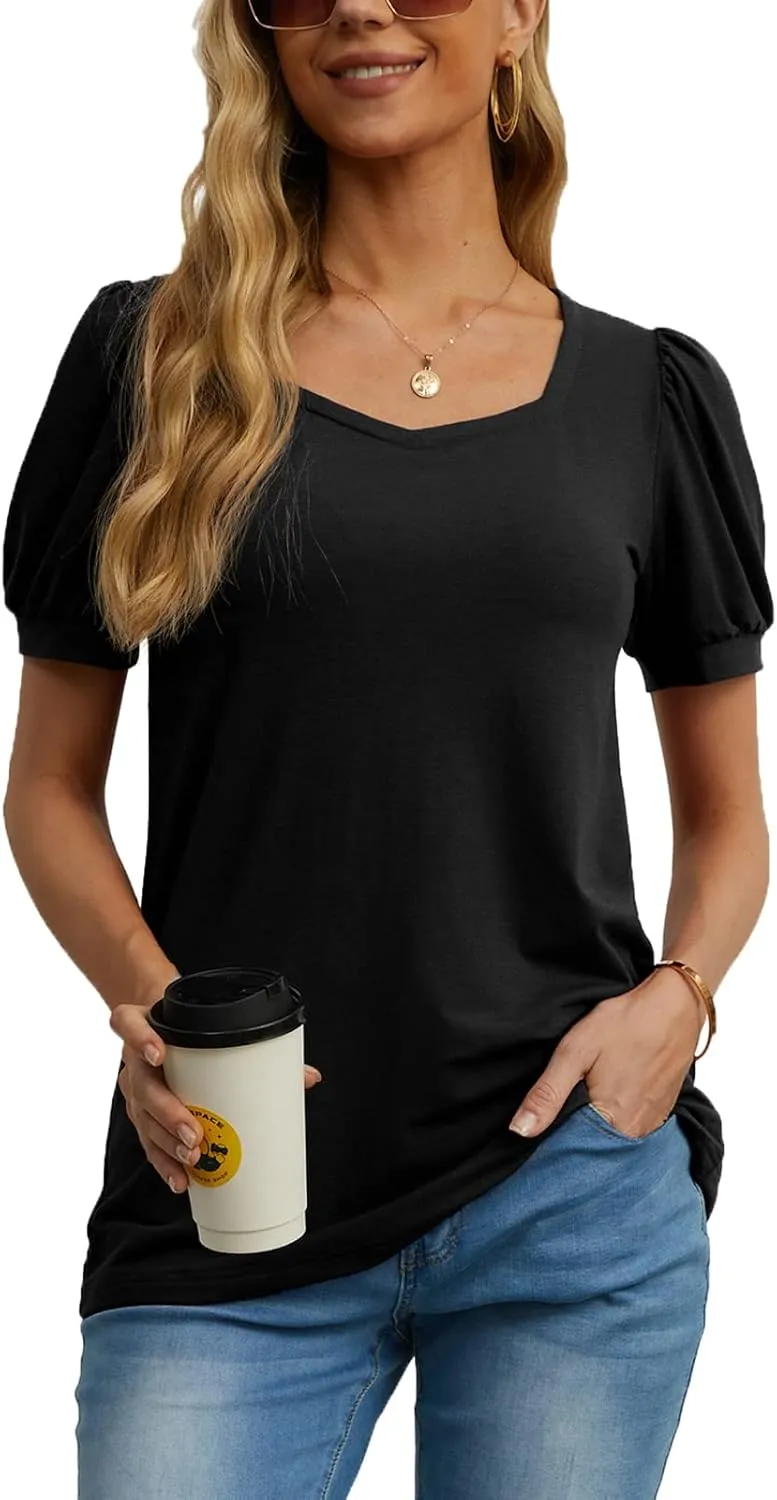 FREEOAK Womens Summer Casual Square Neck Tops Puff Short Sleeve T Shirts for Women Loose Fit Blouses Tunics
