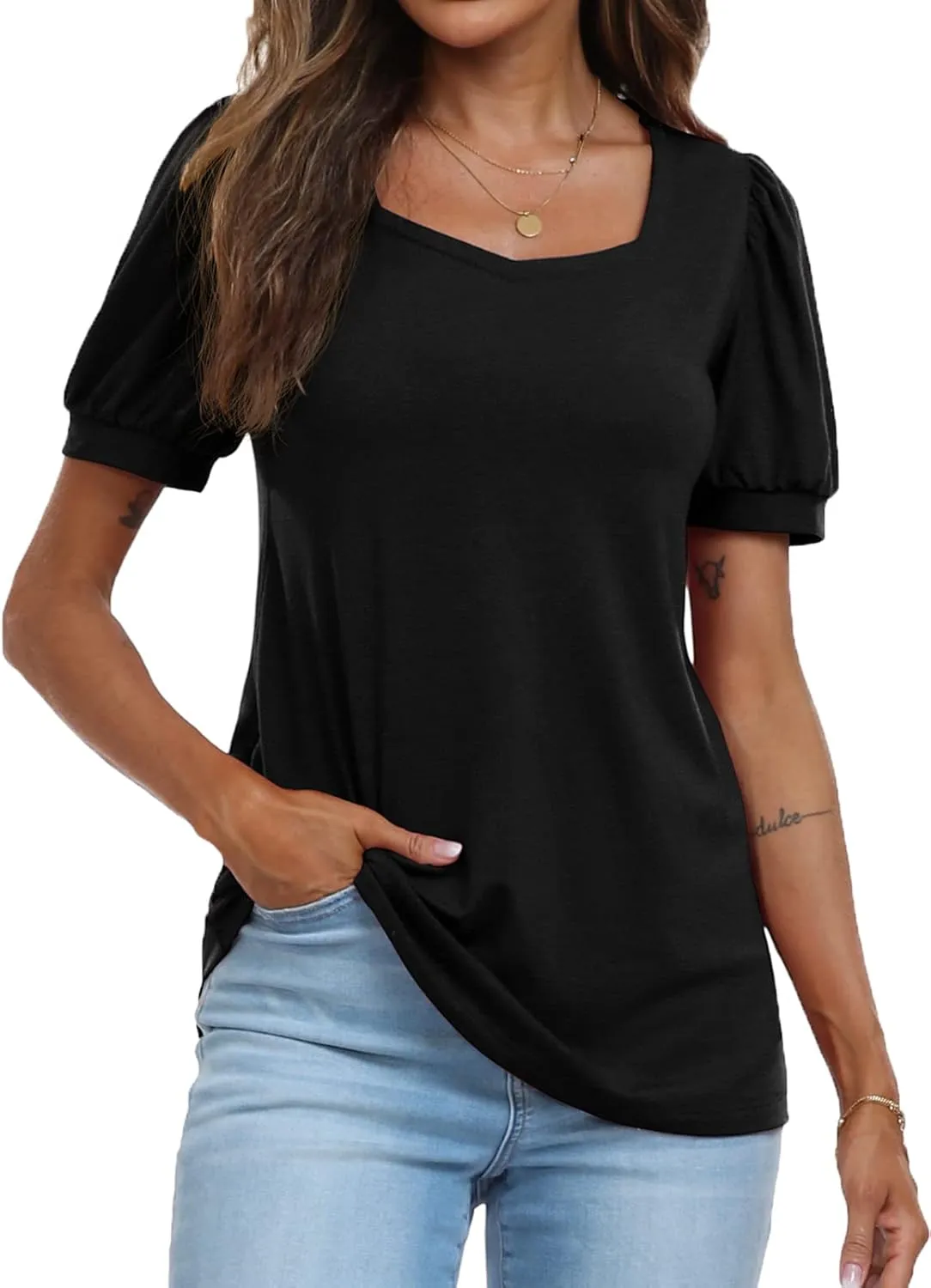 FREEOAK Womens Summer Casual Square Neck Tops Puff Short Sleeve T Shirts for Women Loose Fit Blouses Tunics