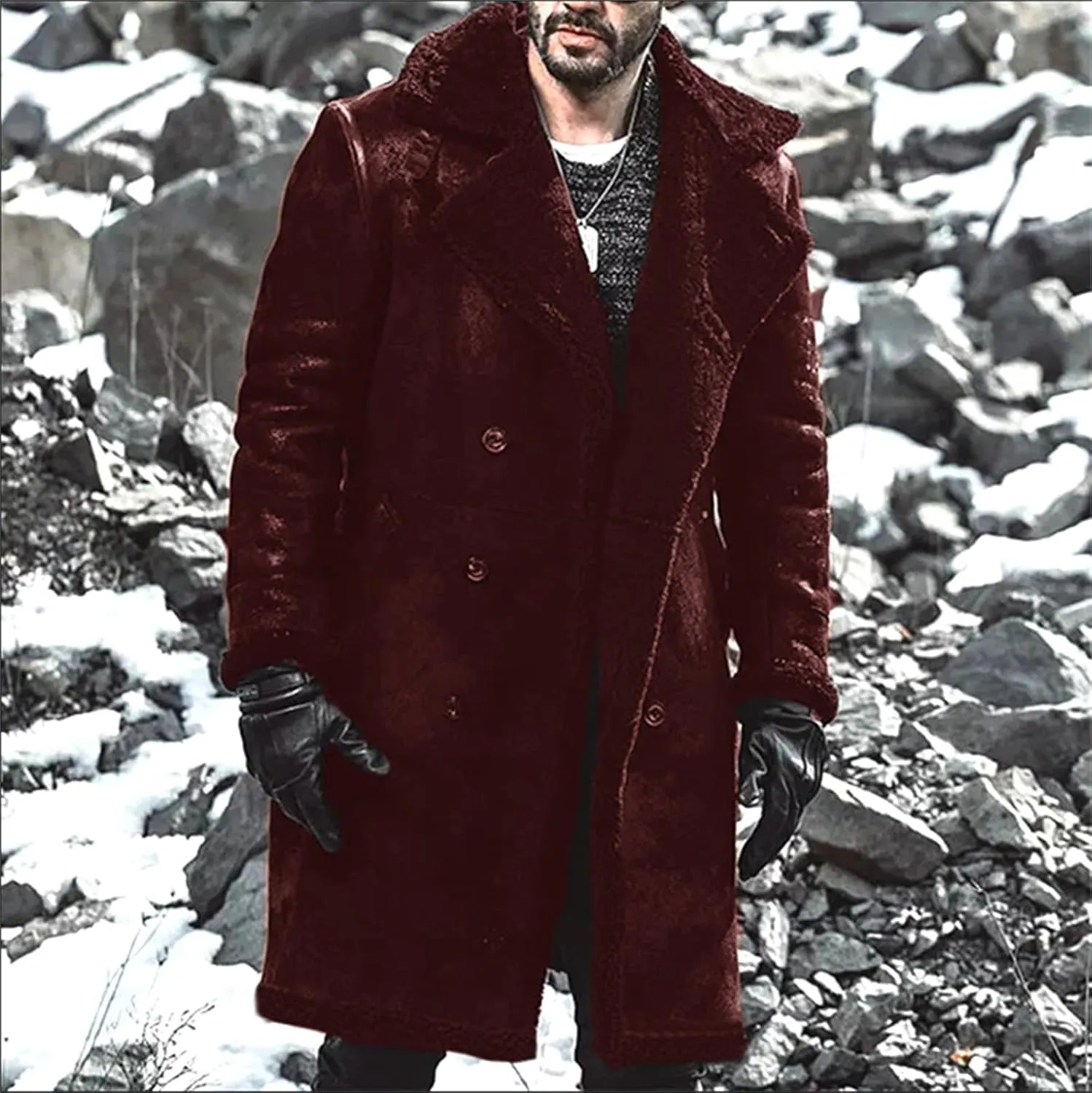 Fur Shearling Coat Men Suede Lapel Collar Botton Down Long Trench Coats Winter Thicken Warm Jacket Outwear for Business