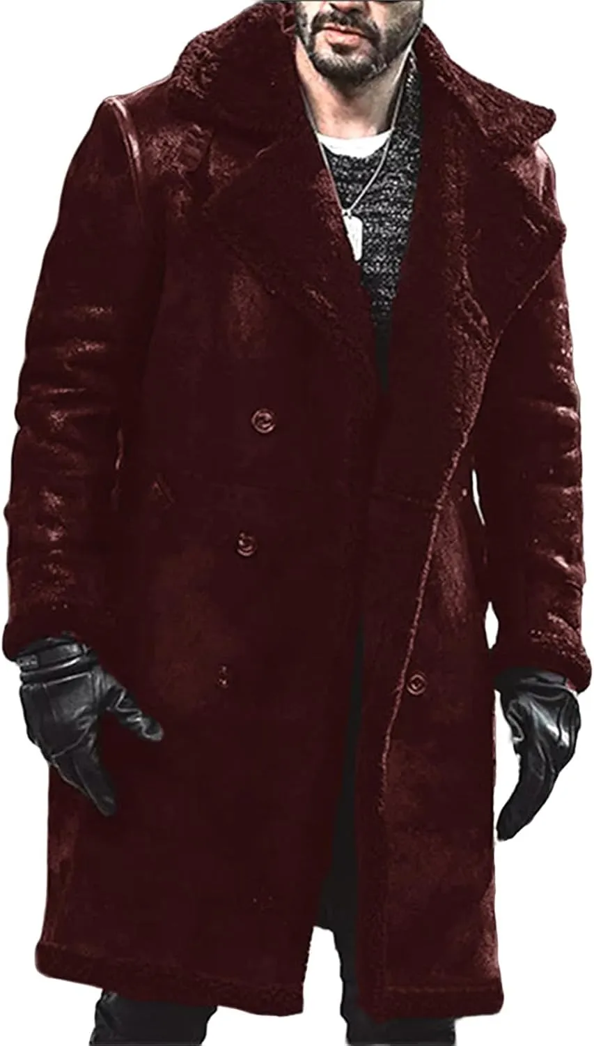 Fur Shearling Coat Men Suede Lapel Collar Botton Down Long Trench Coats Winter Thicken Warm Jacket Outwear for Business