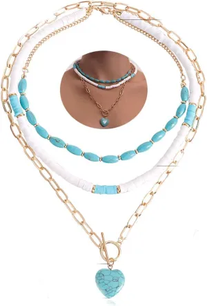 Gangel Boho Necklace Heart Choker Necklaces Turquoise Layered Necklaces Surfer Choker Puka Shell Necklace Summer Beach Necklaces Jewelry for Women