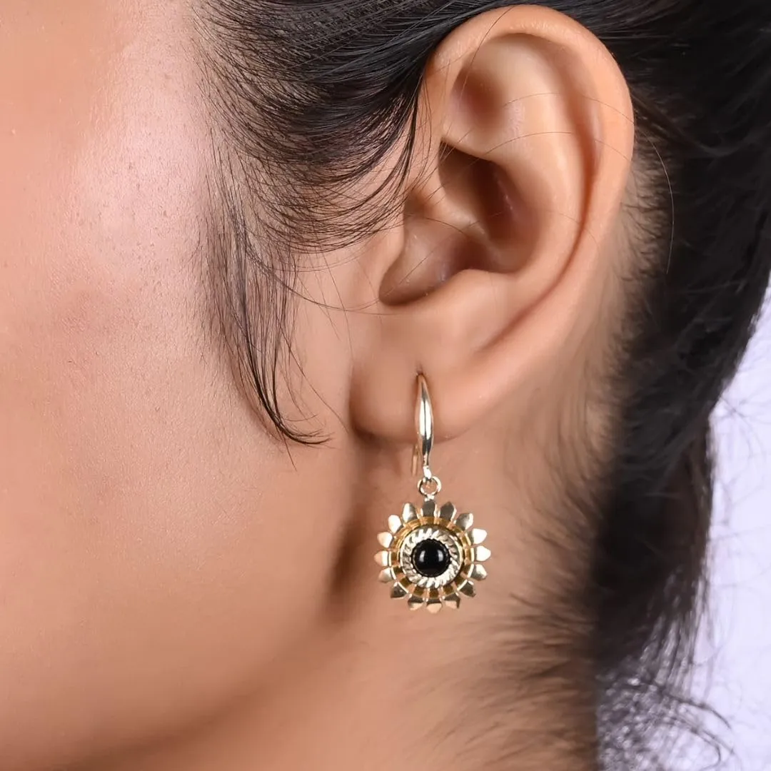 Gempires Black Onyx Gemstone Dangle Earrings Lightweight Flower Crystal Handmade Jewelry Hypoallergenic Gold Plated Classic Design Western Fashion Women Earrings