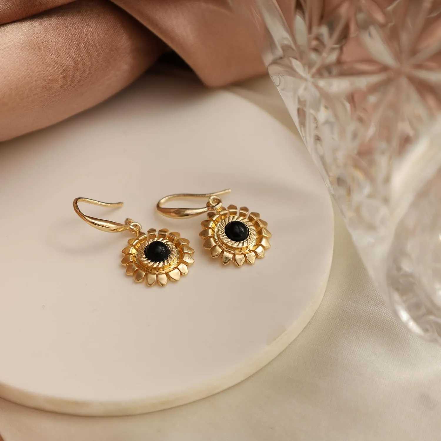 Gempires Black Onyx Gemstone Dangle Earrings Lightweight Flower Crystal Handmade Jewelry Hypoallergenic Gold Plated Classic Design Western Fashion Women Earrings