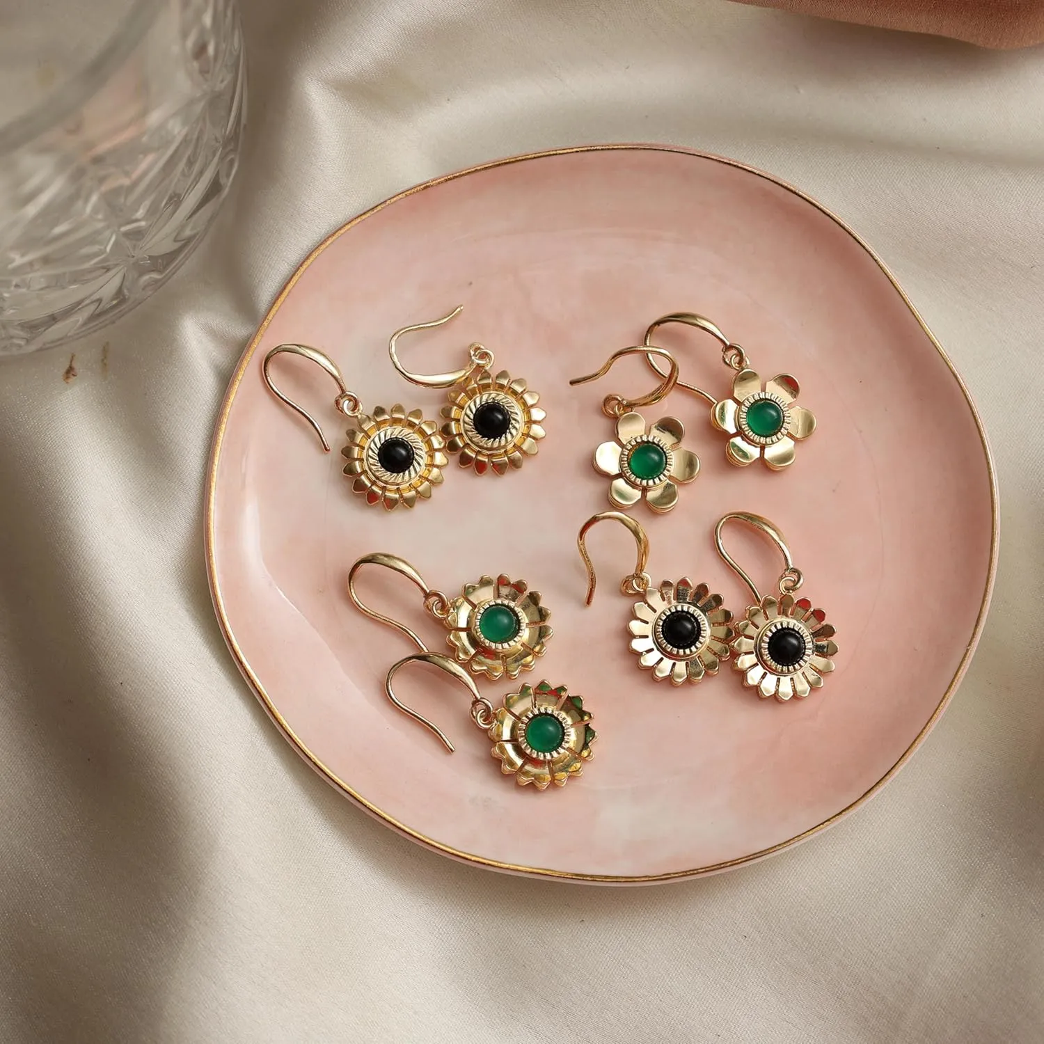 Gempires Black Onyx Gemstone Dangle Earrings Lightweight Flower Crystal Handmade Jewelry Hypoallergenic Gold Plated Classic Design Western Fashion Women Earrings