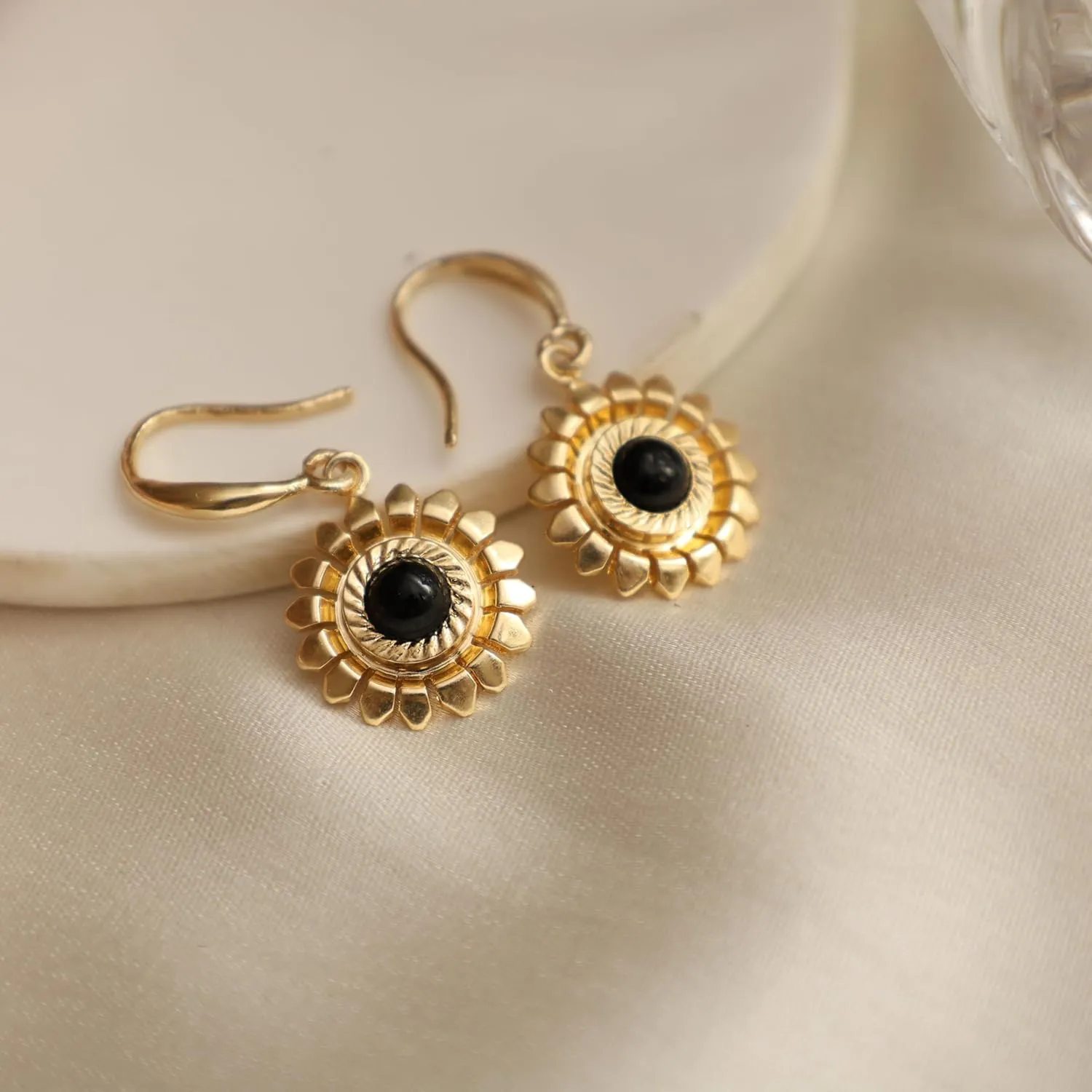Gempires Black Onyx Gemstone Dangle Earrings Lightweight Flower Crystal Handmade Jewelry Hypoallergenic Gold Plated Classic Design Western Fashion Women Earrings