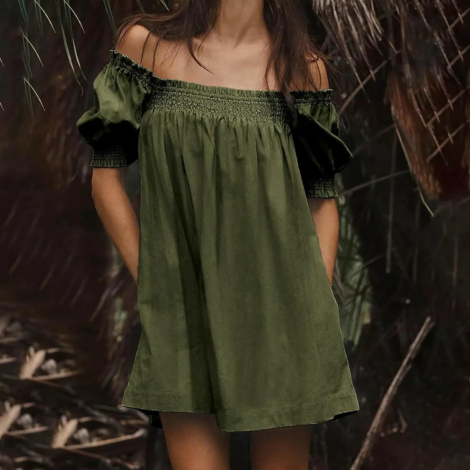 Generic Linen Dresses for Women 2024 Summer Mini Dress Short Sleeve A-Line Sundress Casual Loose Beach Dress with Pockets