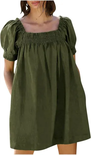 Generic Linen Dresses for Women 2024 Summer Mini Dress Short Sleeve A-Line Sundress Casual Loose Beach Dress with Pockets