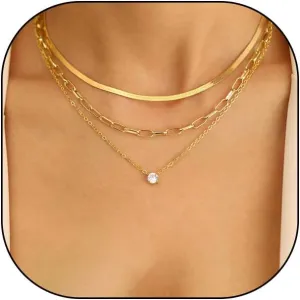 GIGB PBDK Gold Layered Necklaces for Women Dainty 14K Gold Plated Cubic Zirconia Pendant Necklaces Stackable Herringbone Chain Necklaces Trendy Jewelry Gifts