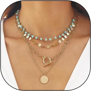GIGB PBDK Layered Gold Necklaces for Women Boho Turquoise Crystal Choker Necklaces Vintage Coin OT Clasp Pendant Necklaces Country Concert Renaissance Jewelry