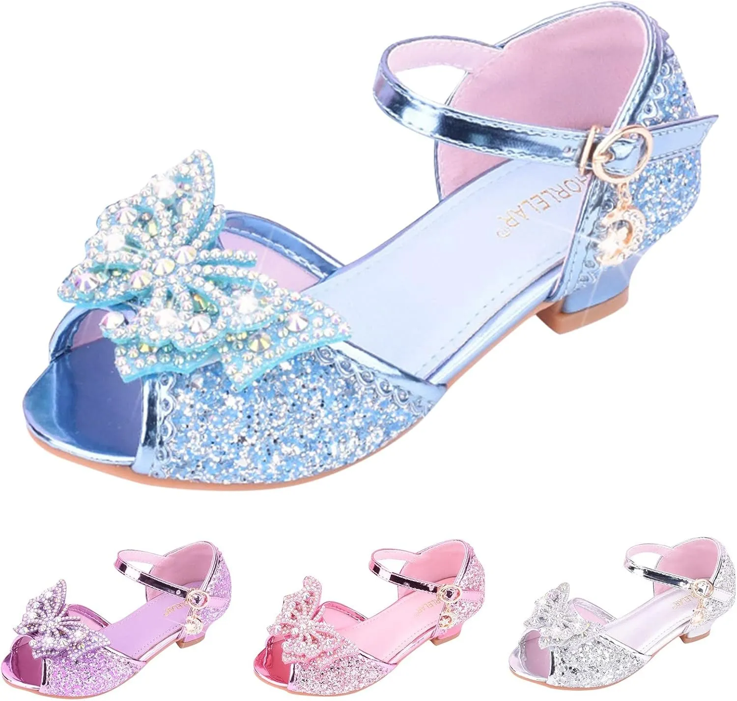 Girls Glitter Butterfly Sandals Sequin Rhinestone Heels Dress Shoes Teens Kids Princess Shining Formal Party Shoes