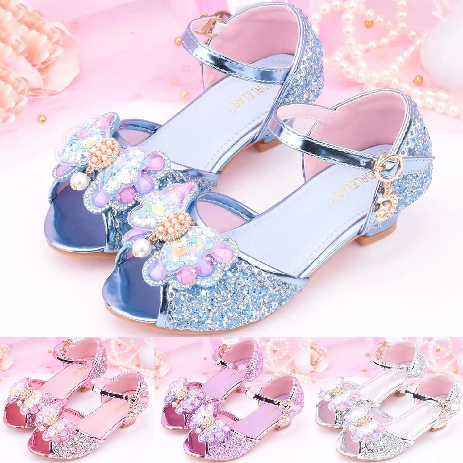 Girls Glitter Butterfly Sandals Sequin Rhinestone Heels Dress Shoes Teens Kids Princess Shining Formal Party Shoes