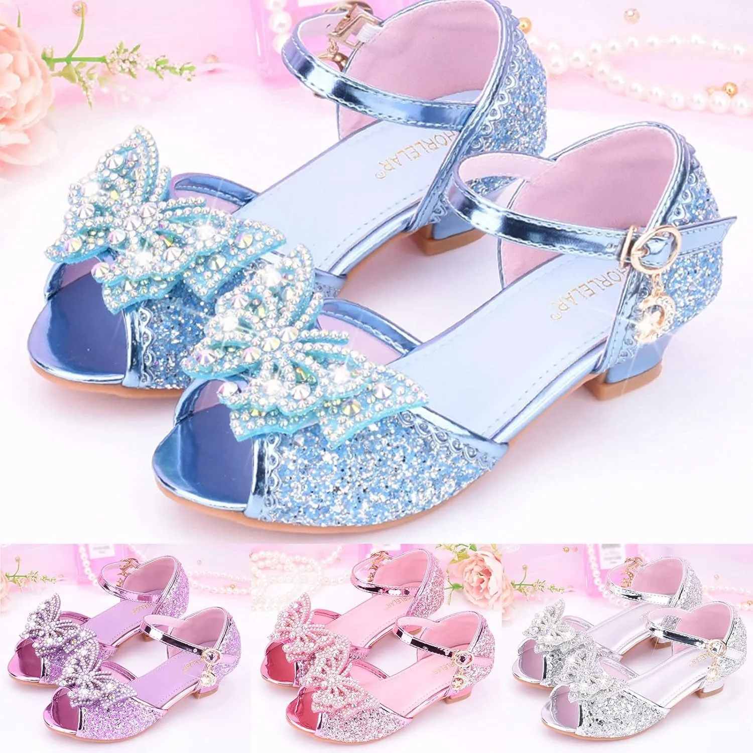 Girls Glitter Butterfly Sandals Sequin Rhinestone Heels Dress Shoes Teens Kids Princess Shining Formal Party Shoes