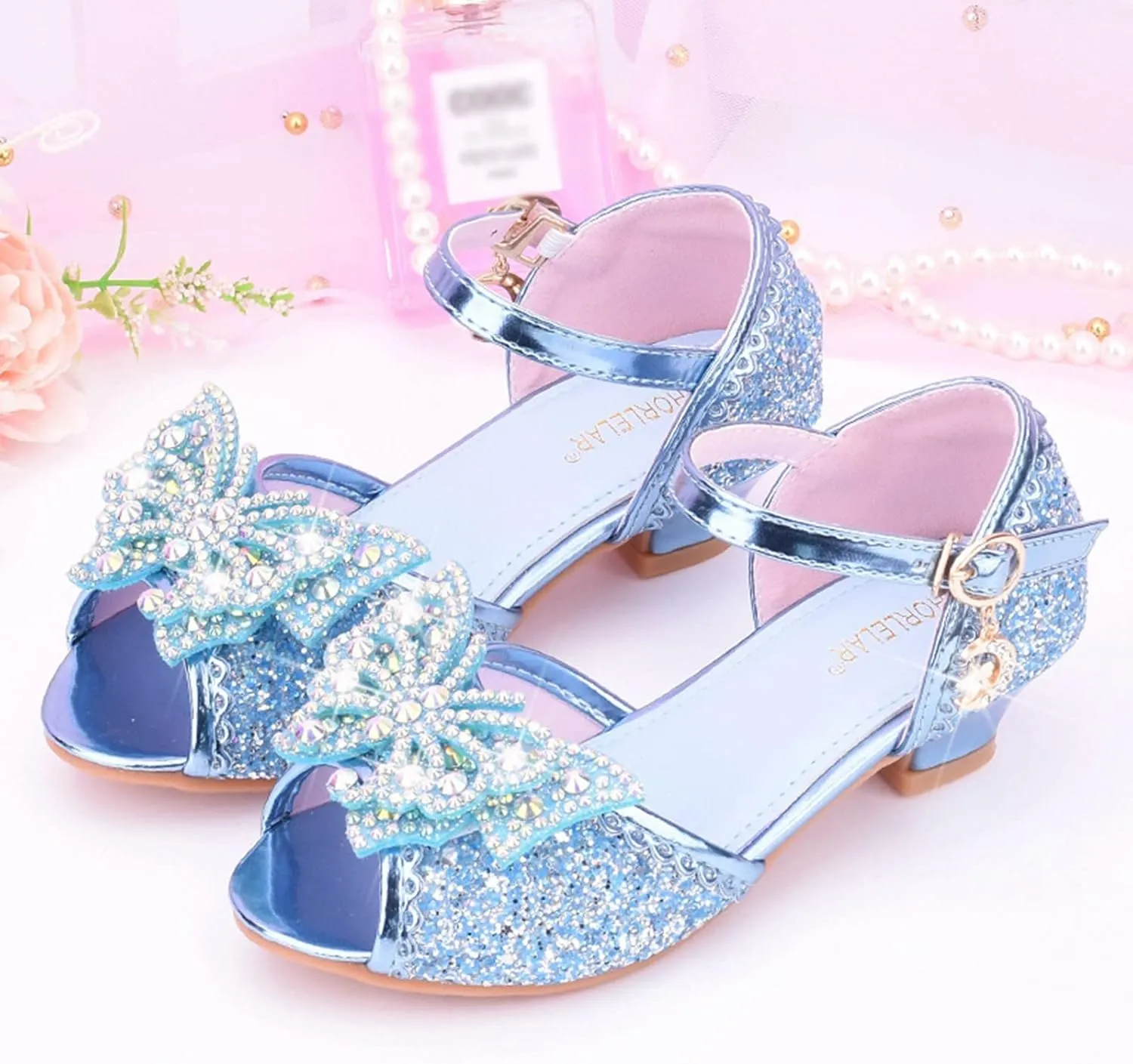 Girls Glitter Butterfly Sandals Sequin Rhinestone Heels Dress Shoes Teens Kids Princess Shining Formal Party Shoes