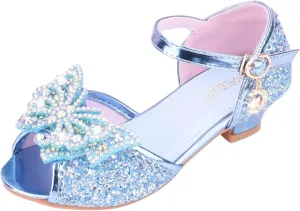Girls Glitter Butterfly Sandals Sequin Rhinestone Heels Dress Shoes Teens Kids Princess Shining Formal Party Shoes