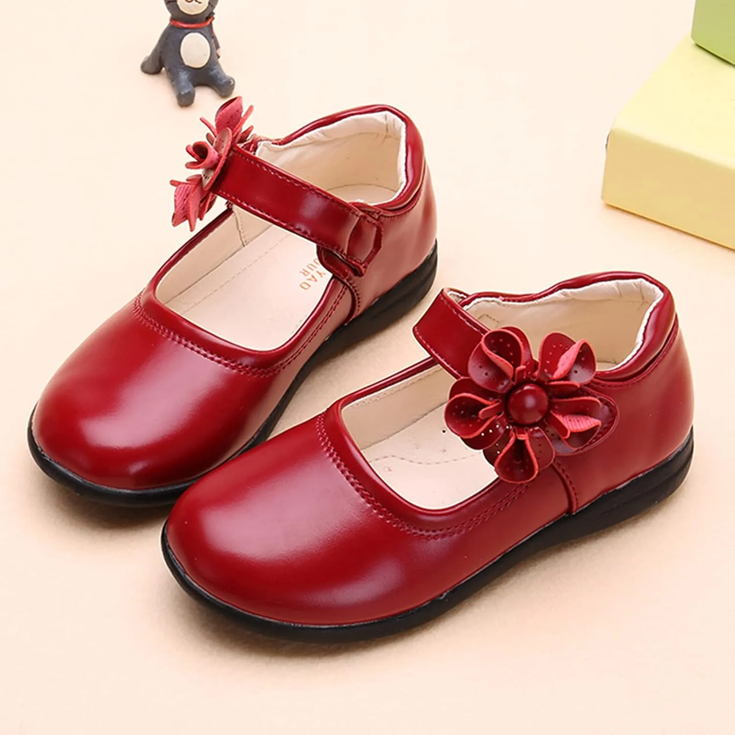 Girls Mary Jane School niform Shoes Non-Slip Hook and Loop Princess Flower Flat for Birthday Wedding Pary