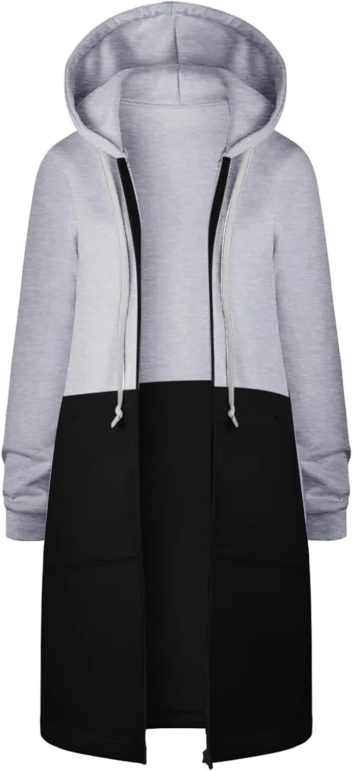GOFULY Hooded For Women Full Zip Knee Length Tunic Sweatshirt Dresses Fleece Fall Jackets Long Sleeve Solid Clothes Pockets