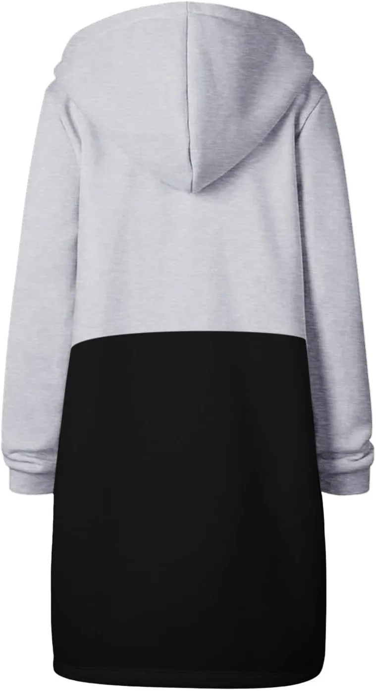 GOFULY Hooded For Women Full Zip Knee Length Tunic Sweatshirt Dresses Fleece Fall Jackets Long Sleeve Solid Clothes Pockets