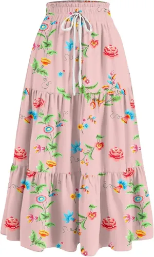 GOFULY Maxi Skirts for Women Boho Floral Print A-Line Long High Waisted Skirts Summer Drawstring Pleated Tiered Western Skirt