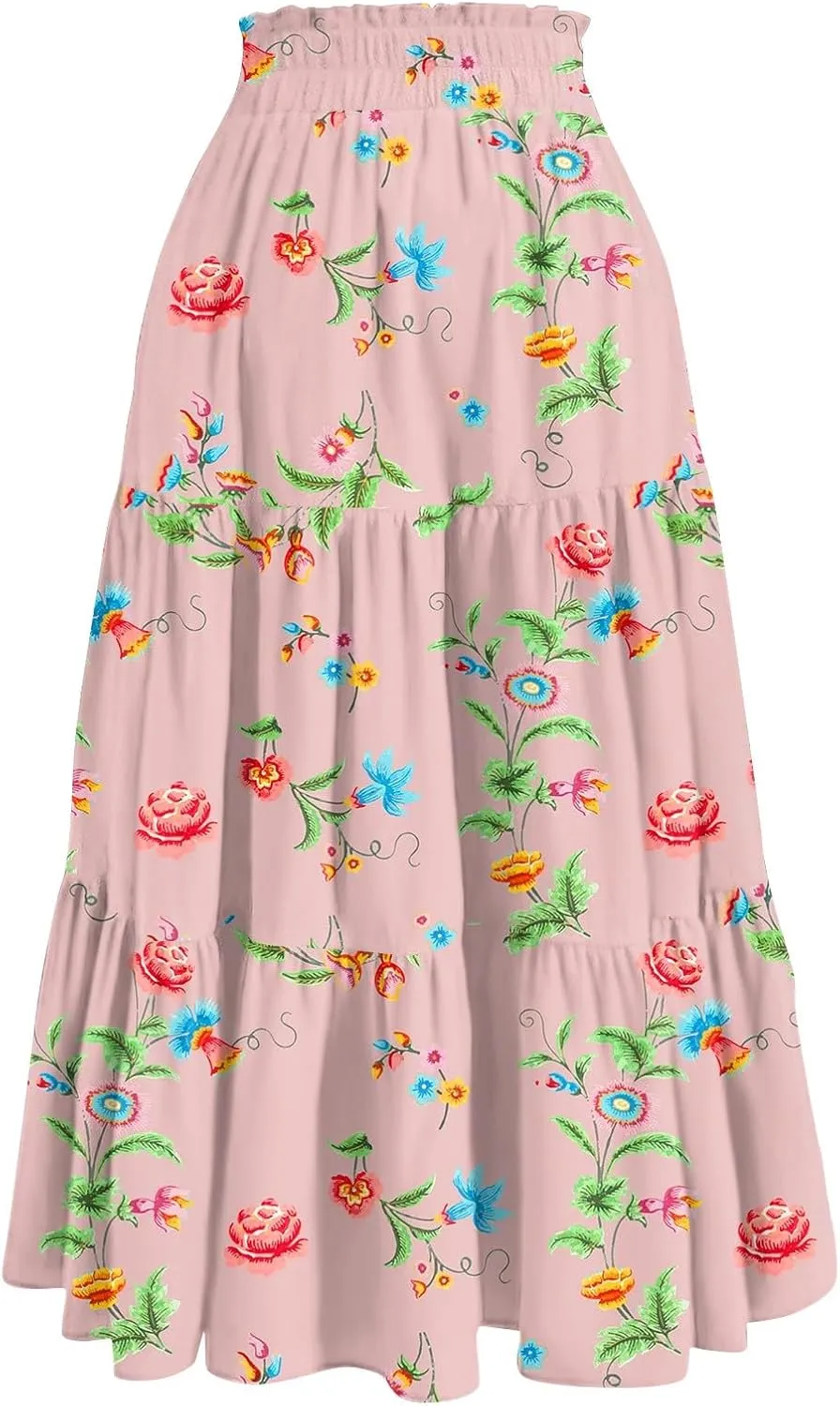 GOFULY Maxi Skirts for Women Boho Floral Print A-Line Long High Waisted Skirts Summer Drawstring Pleated Tiered Western Skirt