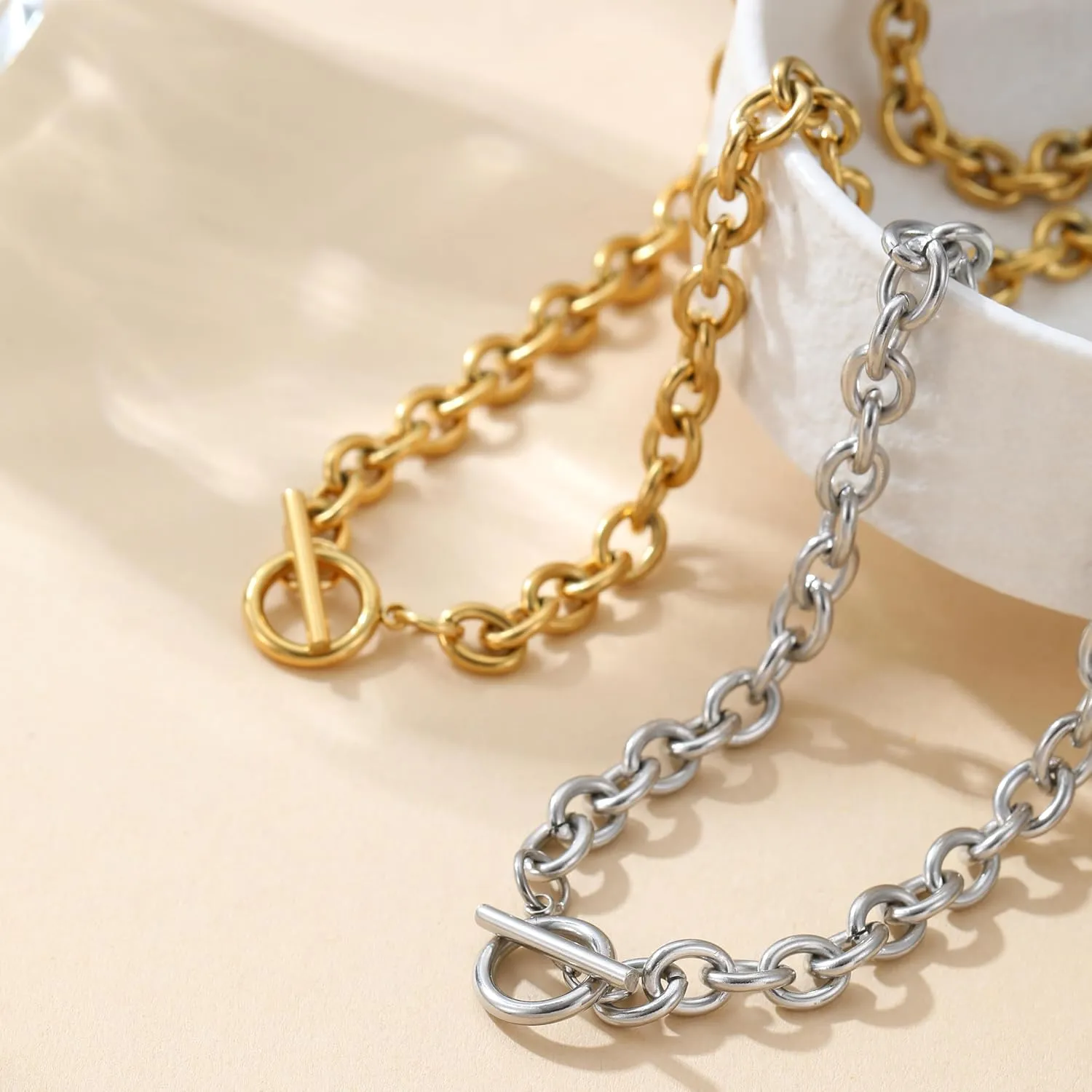 Gold Chunky Necklaces for Women 18K Gold Plated Chain Clasp Toggle Necklaces Dainty Herringbone Snake Chain Paperclip Cuban Choker Necklaces Jewelry Gifts